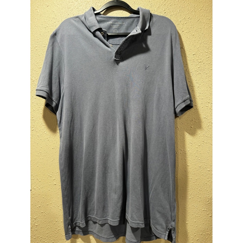 American Eagle Mens Super Soft Standard Fit Polo Shirt Blue Gray Large L Logo